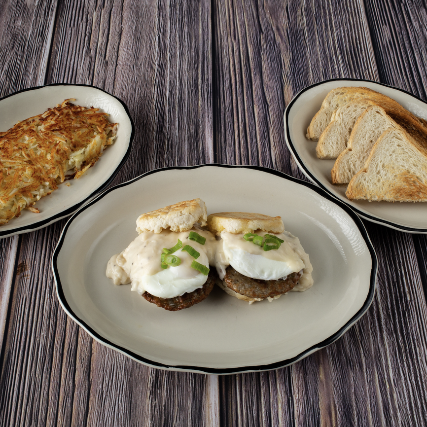 SAUSAGE BENEDICT WITH BUTTERMILK BISCUITS AND CREAM GRAVEY