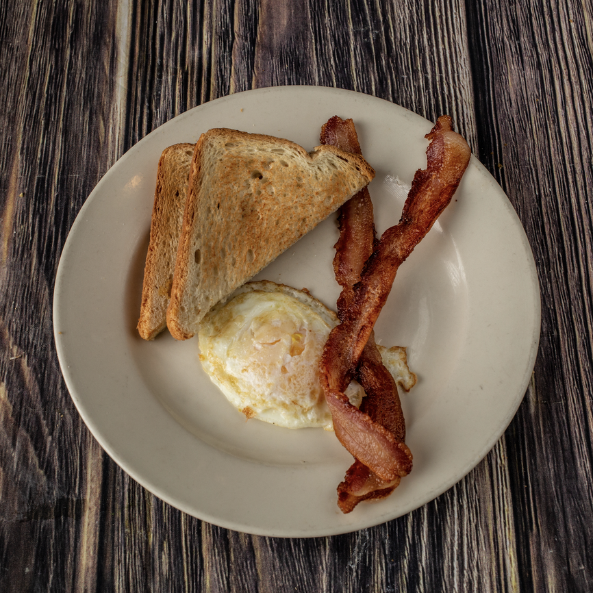ONE EGG WITH 2 BACON STRIPS & TOAST