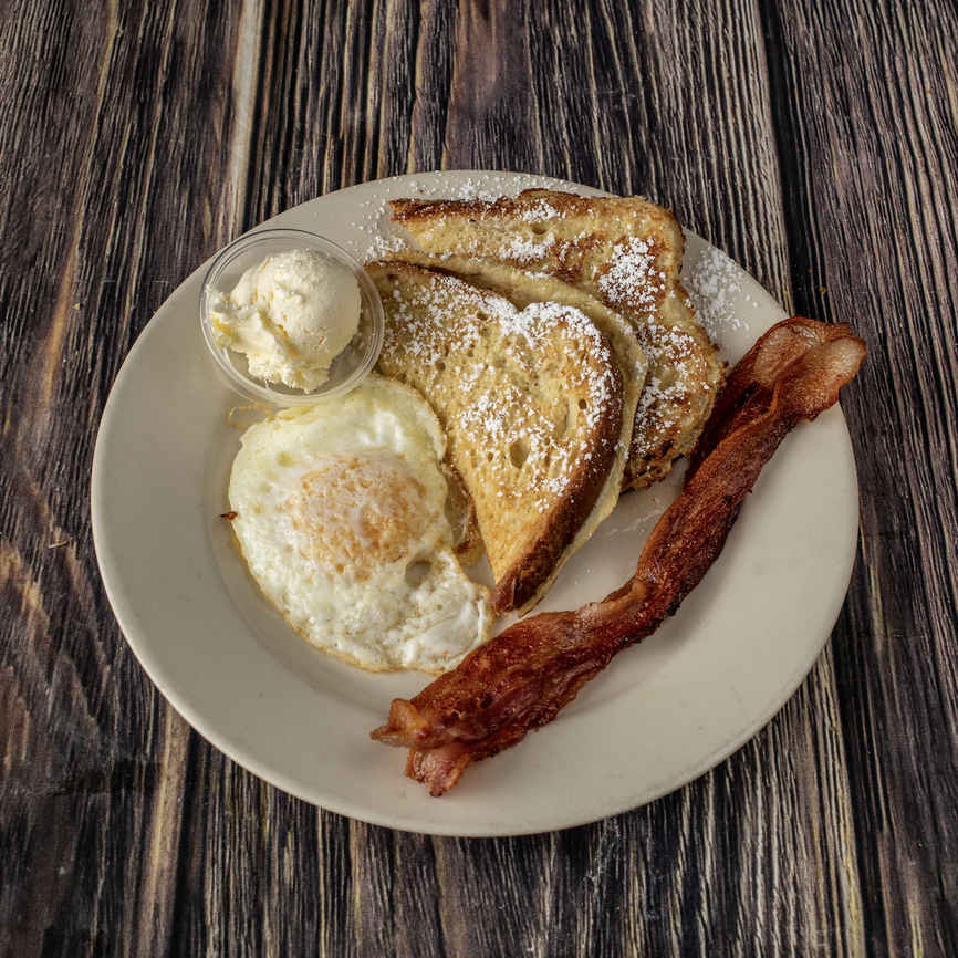 FRENCH TOAST WITH 1 EGG AND 2 STRIPS OF BACON