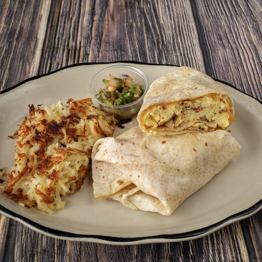 HOP BACON EGG BURRITO WITH JACK CHEESE, ONION, CILANTRO, SALSA